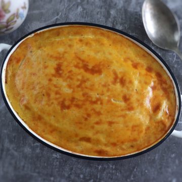 Mashed potato chicken casserole on a baking dish