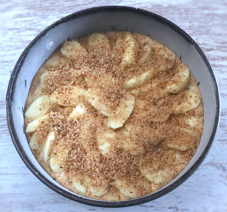 Walnut and apple cake dough on a round cake pan