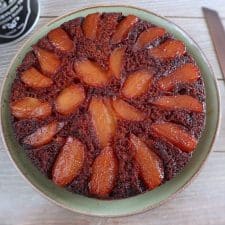 Pear upside down cake on a plate