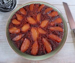Caramelized pear cake on a plate