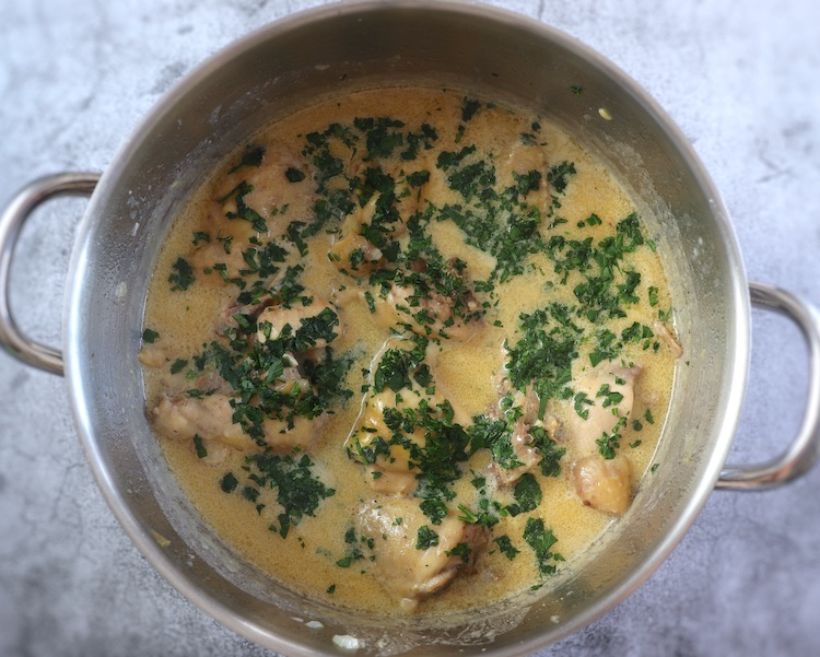 Chicken fricassee on a saucepan
