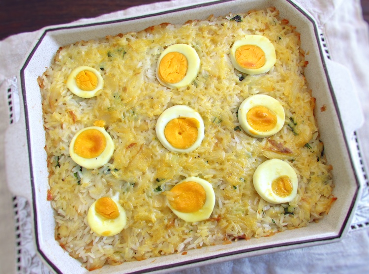 Baked cod rice on a baking dish