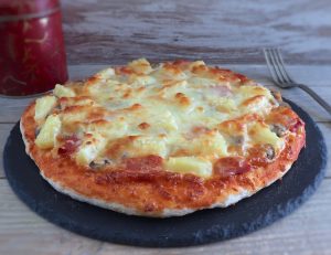 Mushroom, bacon and pineapple pizza