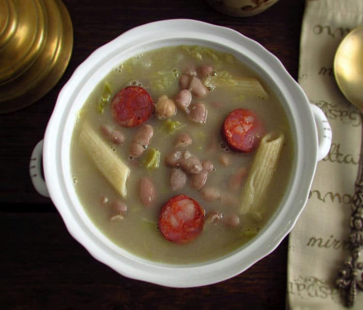 Red bean soup with pasta and chouriço on a tureen