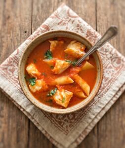 Sopa de peixe numa tigela de sopa