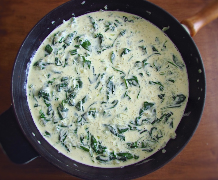 Spinach filling on frying pan