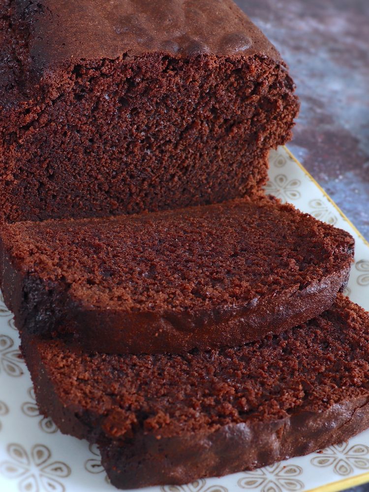 Easy chocolate loaf cake in a rectangular platter