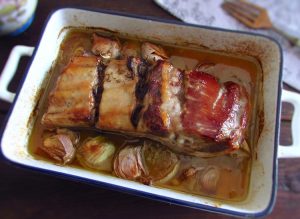 Spare ribs with honey in the oven on a baking dish