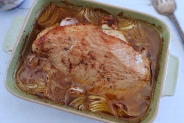Turkey loin in the oven with honey on a baking dish