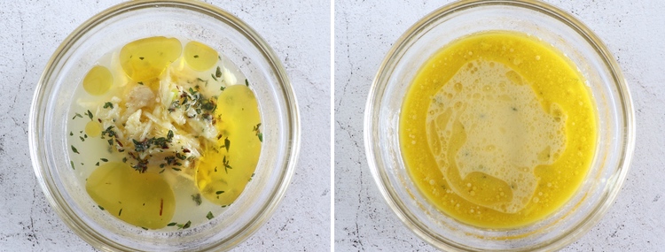 Molho de limão e mostarda numa pequena taça de vidro