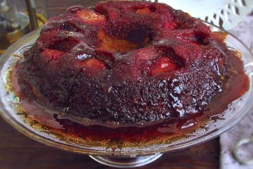Strawberry upside down cake on a plate