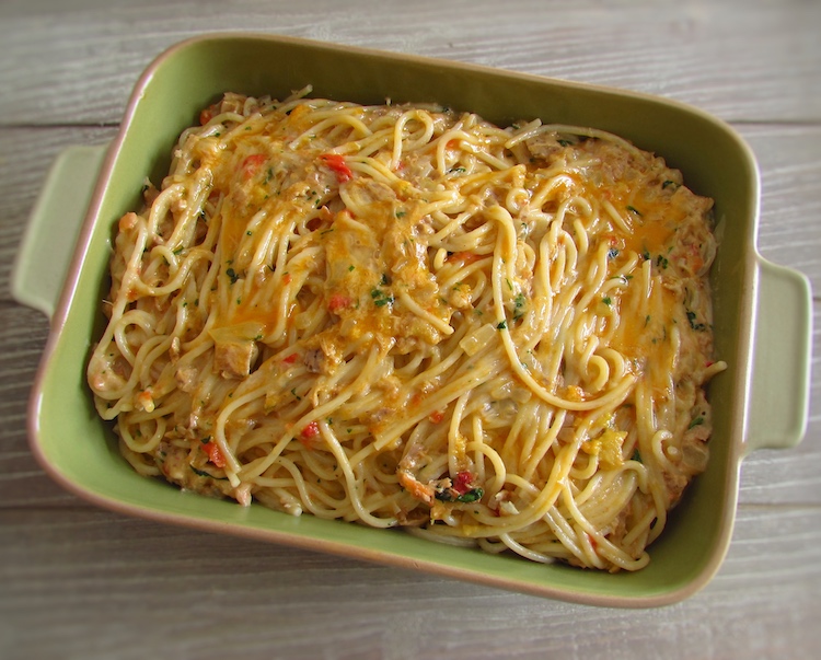 Tuna and spaghetti mixture on a baking dish