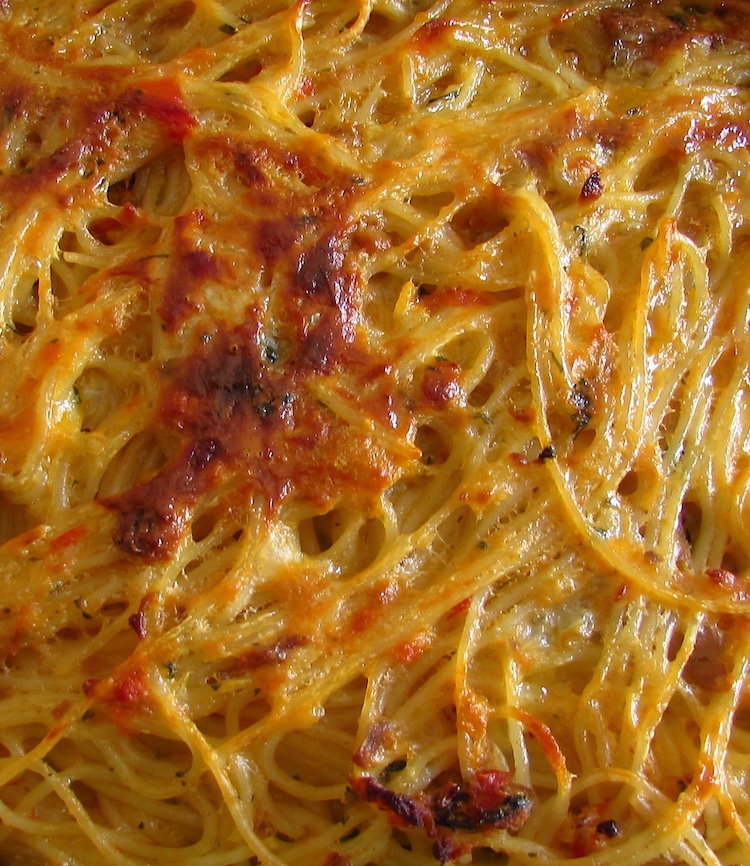 Baked spaghetti with tuna on a baking dish