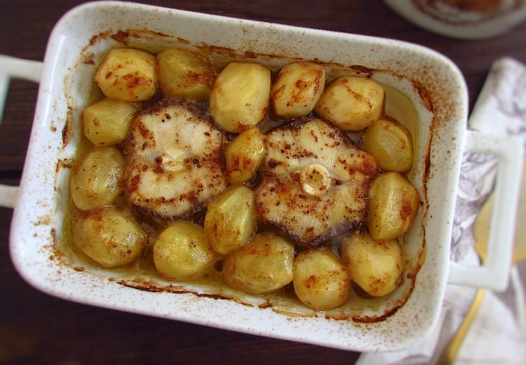 Baked dogfish on a baking dish