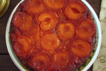 Caramelized apricot cake on a plate