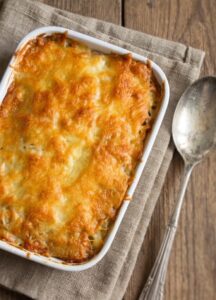 Portuguese Baked Cod with Mayonnaise in a baking dish