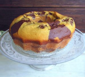 Chocolate mango marble cake on a plate
