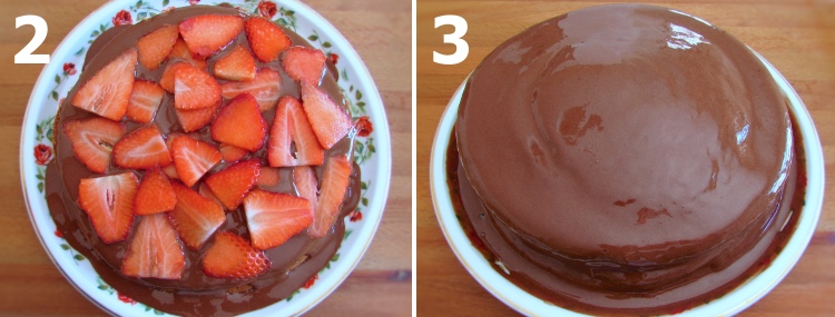 Slice of coffee cake with chocolate mousse and strawberries step 2 and 3