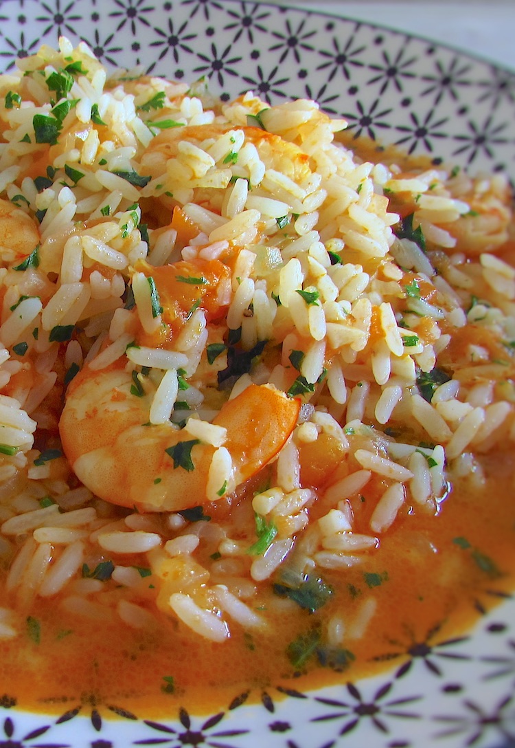 Rice with shrimp in a dish