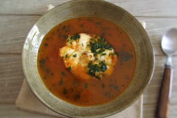 Tomato dogfish soup on a dish