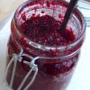 Raspberry jam on a glass jar