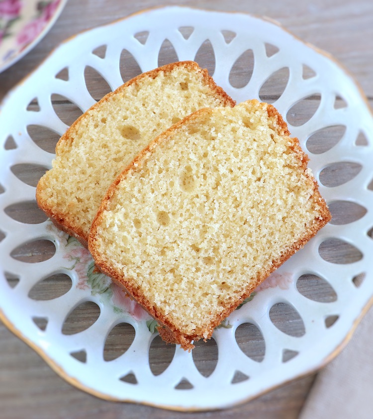Slices of butter milk loaf cake on a plate
