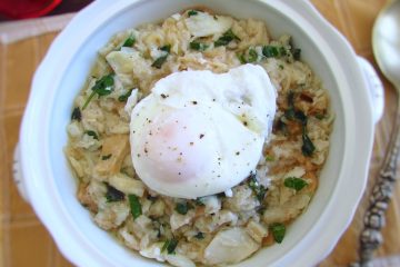 Portuguese cod migas with poached eggs on a tureen