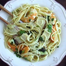 Spaghetti with dogfish and shrimp on a plate