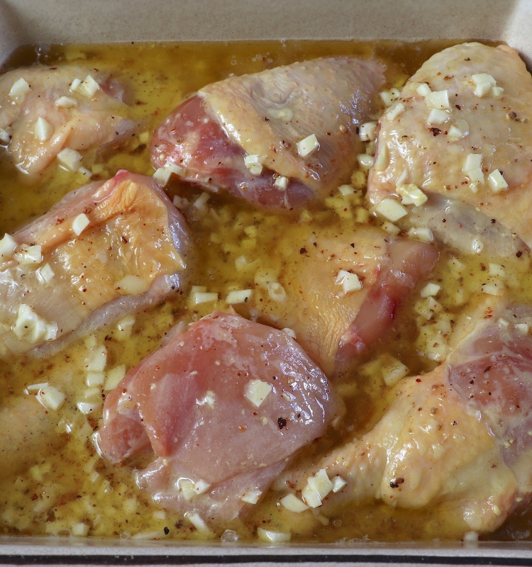 Frango temperado com sal, pimenta, noz-moscada, alhos, Mostarda Dijon e azeite numa assadeira