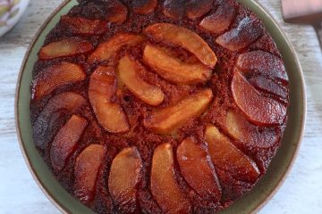 Caramel apple upside down cake on a plate