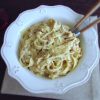 Tagliatelle with tuna and egg on a dish bowl