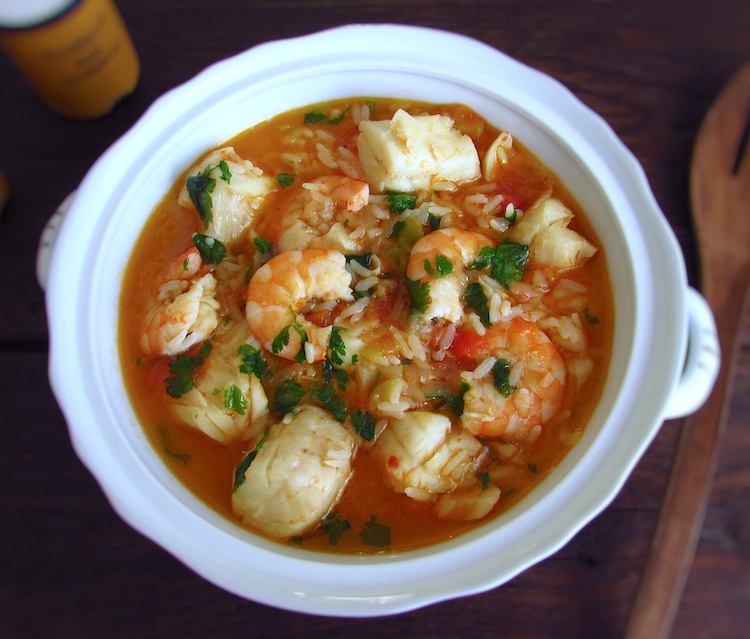 Fish rice with shrimp on a tureen