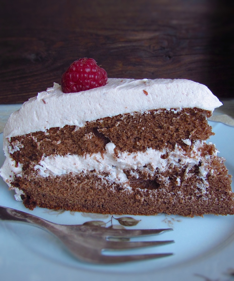 Slice of chocolate cake with raspberry cream on a plate