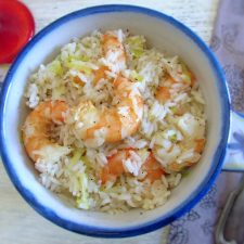 Rice with shrimp and leek on a dish