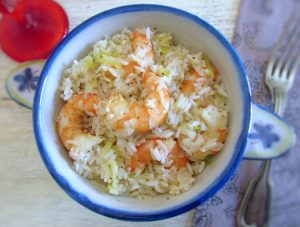 Rice with shrimp and leek on a dish