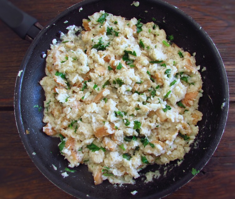 Portuguese migas on a frying pan