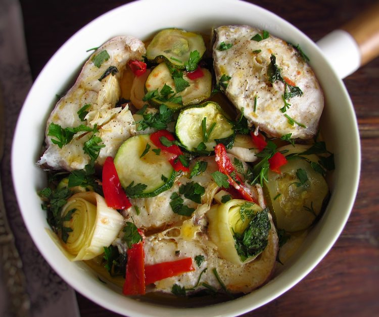 Ling fish with vegetables on a dish