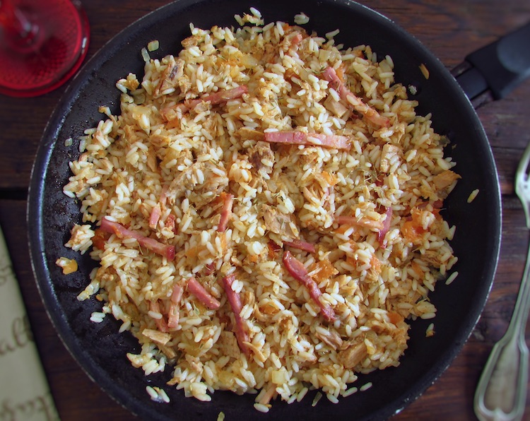 Tuna and bacon rice in a skillet