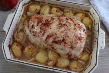 Baked turkey loin with lemon and cinnamon on a baking dish