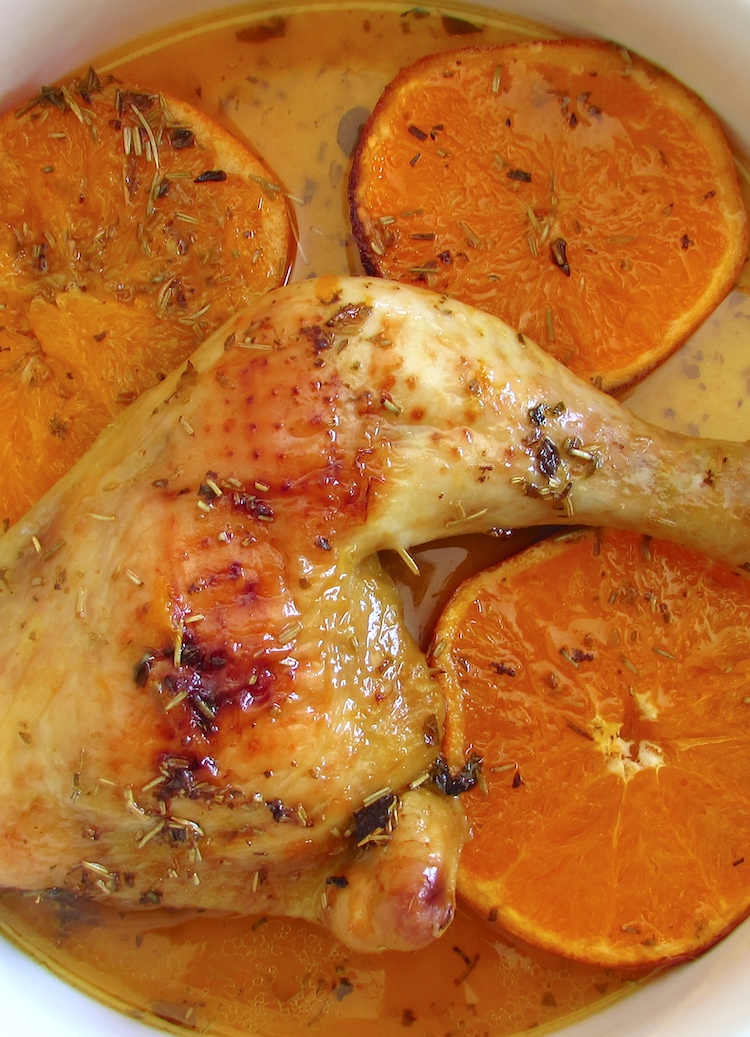 Easy baked chicken legs with orange on a dish bowl