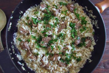Fried beef and rice on a skillet