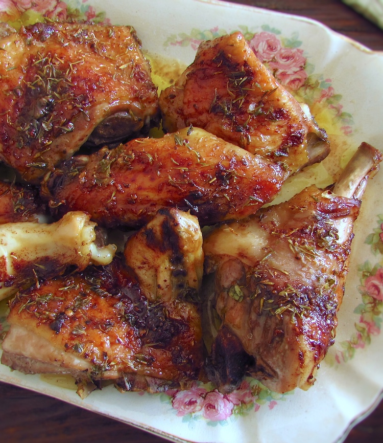 Roasted bittersweet chicken on a platter