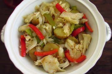 Cod with peppers on a tureen