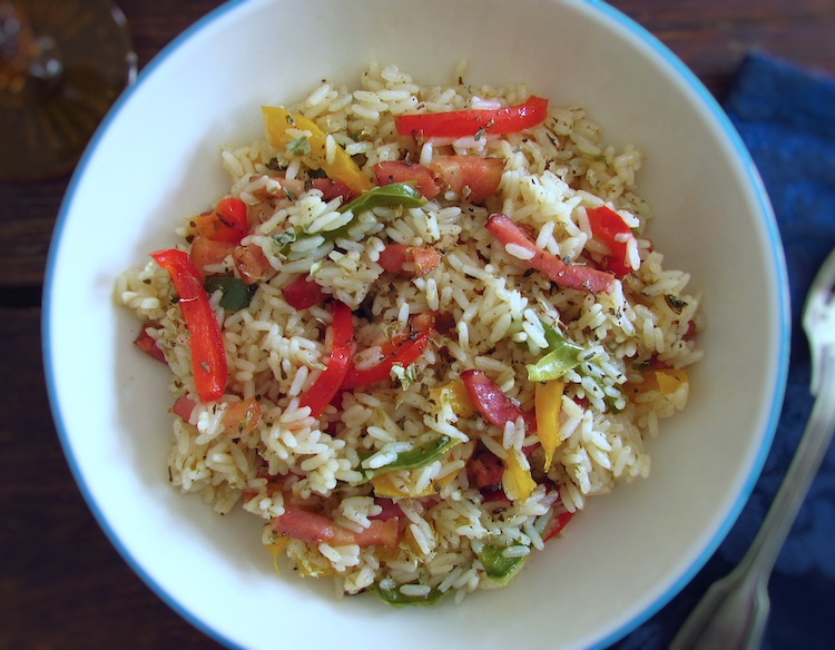 Rice with bacon and peppers on a dish bowl
