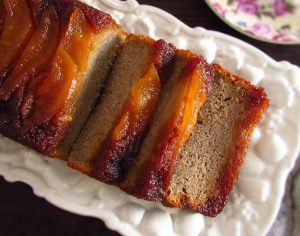 Slices of banana pear upside down cake on a platter