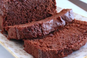 Chocolate loaf cake on a serving platter