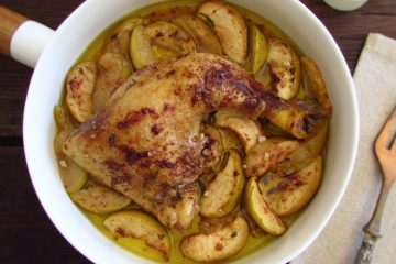Roasted chicken legs with apple on a dish