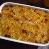 Baked rice with cod and chouriço on a baking dish