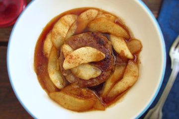 Burgers with caramelized pear on a dish