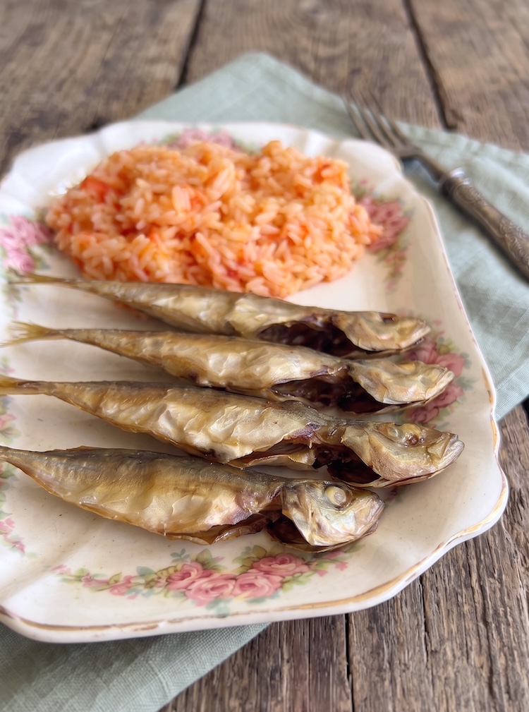 Portuguese Fried Horse Mackerel with Tomato Rice on a serving platter